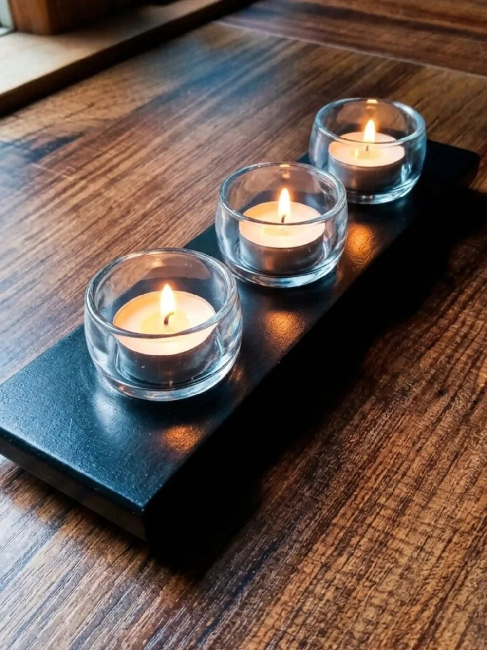 3-Cup Glass Votive/Tealight Candle Holder Centerpiece w/Black Wooden Tray Decor